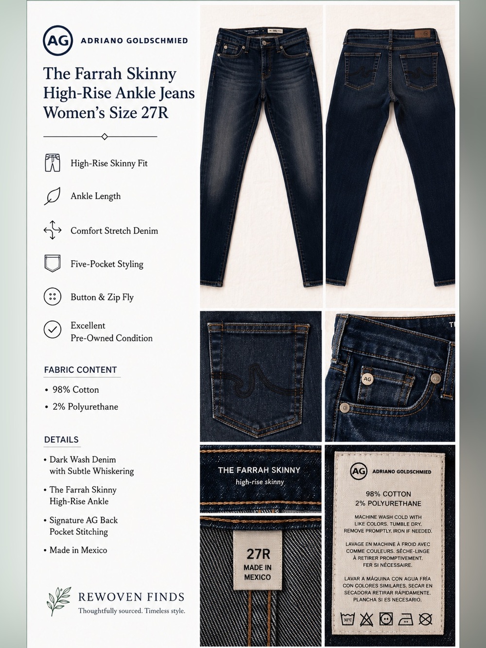 AG Adriano Goldschmied The Farrah Skinny High-Rise Ankle Jeans 27R Dark Wash